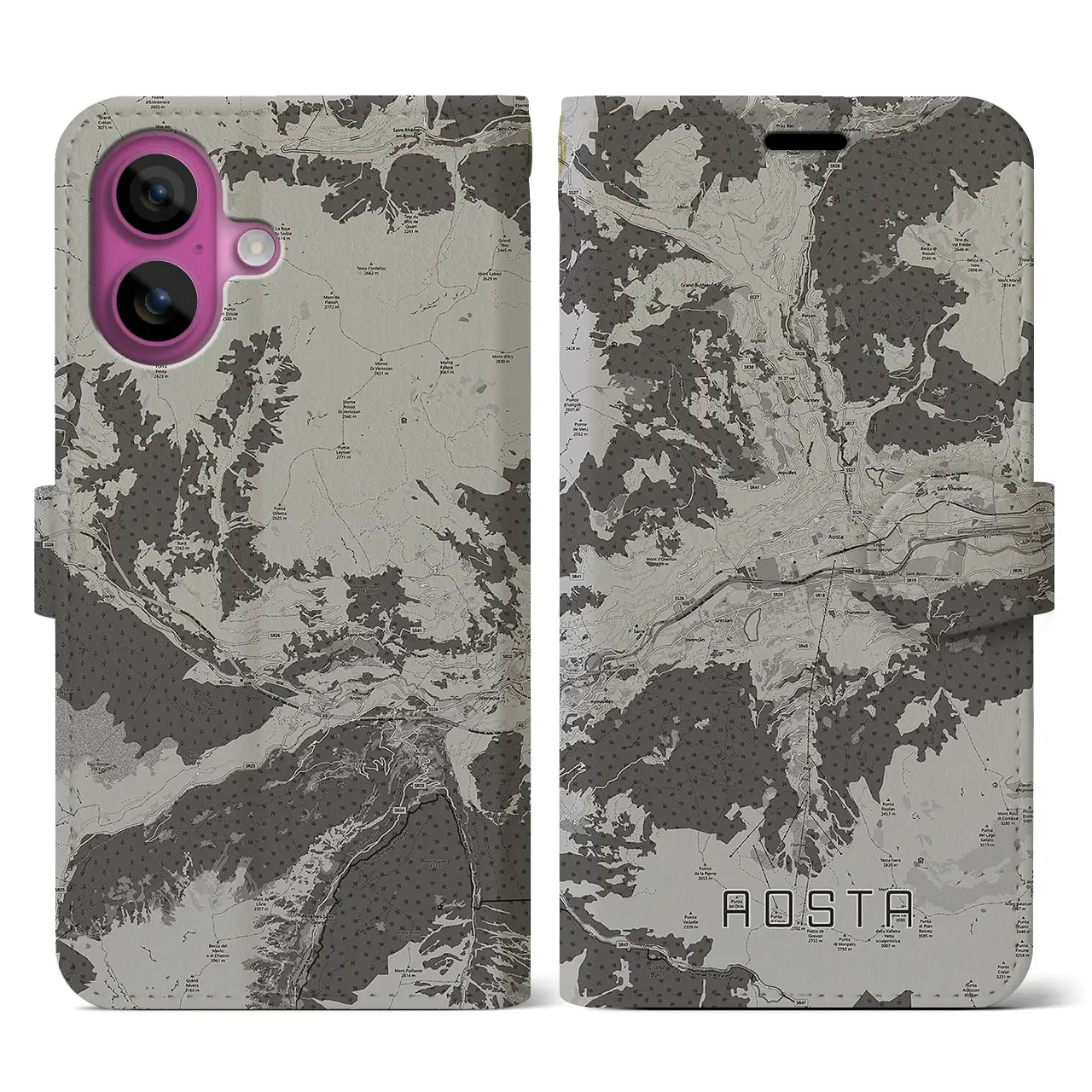【アオスタ(イタリア)】地図柄iPhoneケース(手帳タイプ)モノトーン・iPhone 16 Pro 用