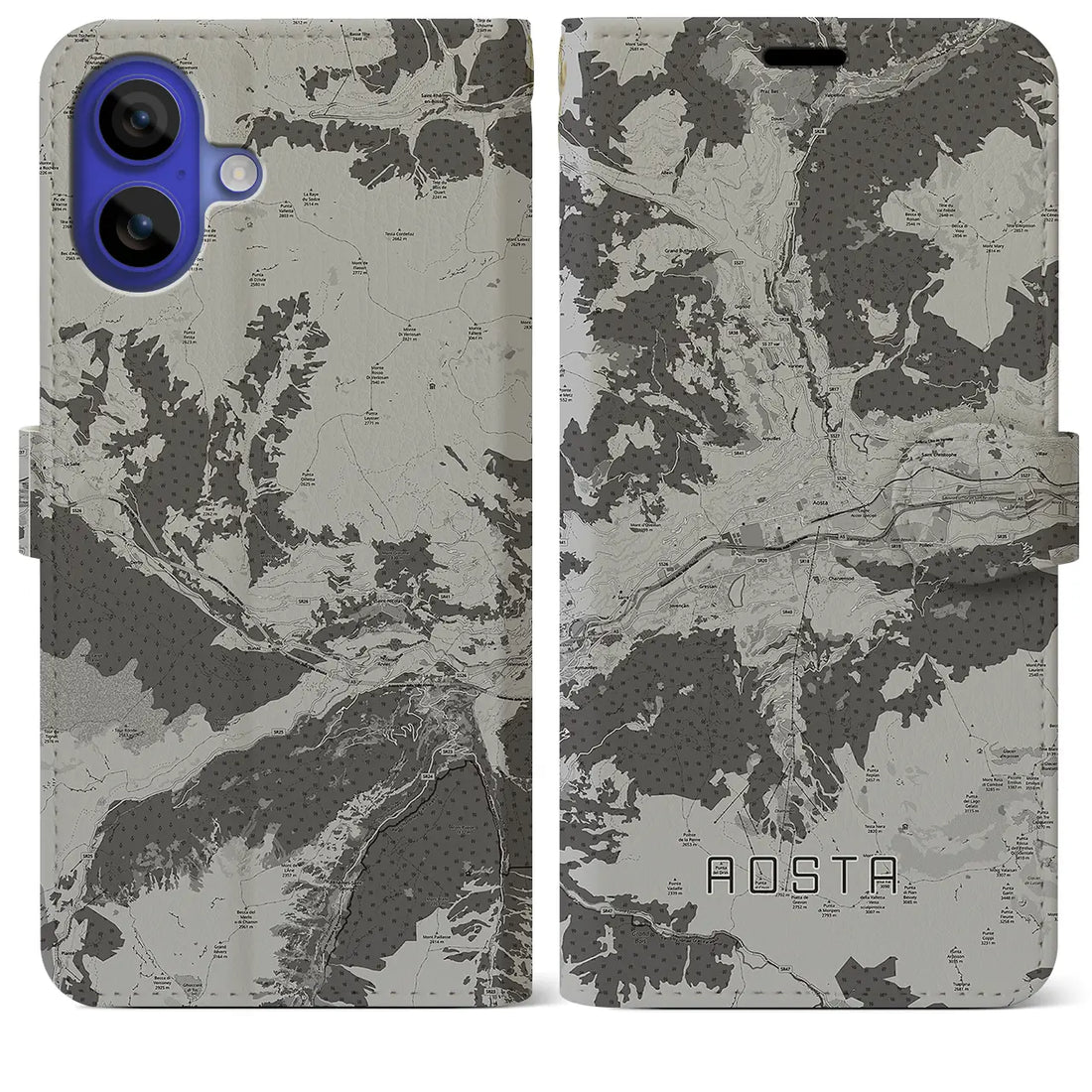 【アオスタ(イタリア)】地図柄iPhoneケース(手帳タイプ)モノトーン・iPhone 16 Pro Max 用