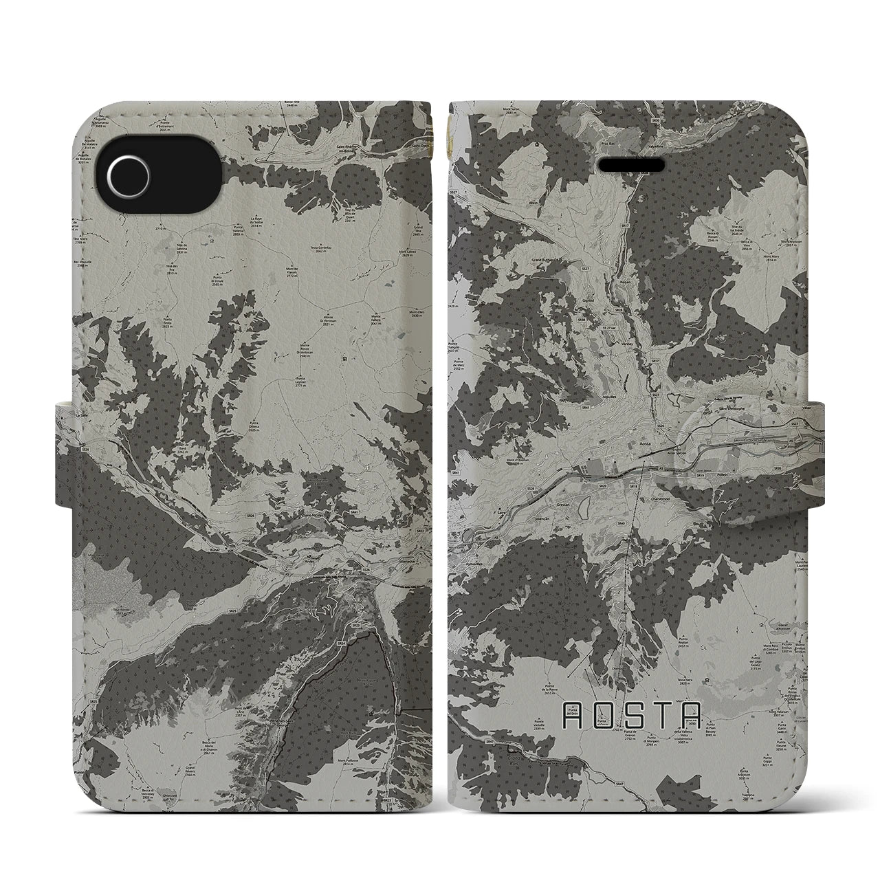 【アオスタ(イタリア)】地図柄iPhoneケース(手帳タイプ)モノトーン・iPhone SE(第3 / 第2世代) / 8 / 7 / 6s / 6 用