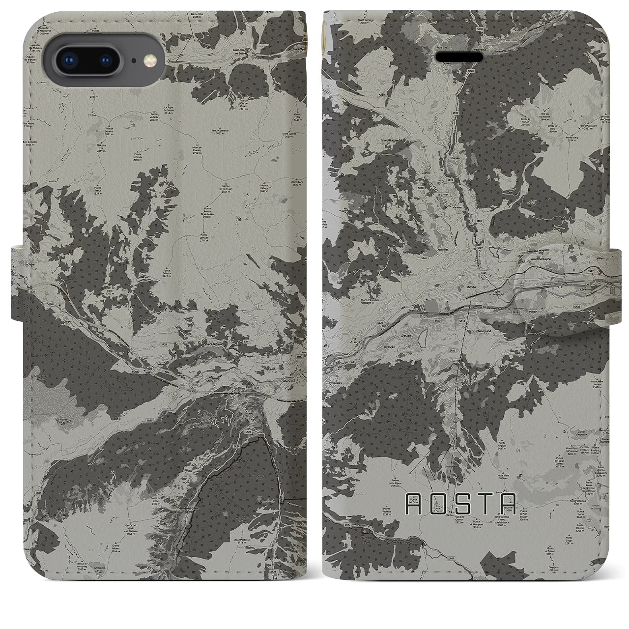 【アオスタ(イタリア)】地図柄iPhoneケース(手帳タイプ)モノトーン・iPhone 8Plus /7Plus / 6sPlus / 6Plus 用