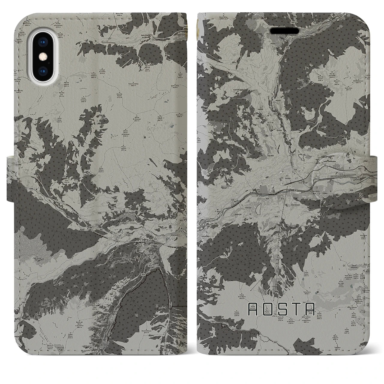 【アオスタ(イタリア)】地図柄iPhoneケース(手帳タイプ)モノトーン・iPhone XS Max 用