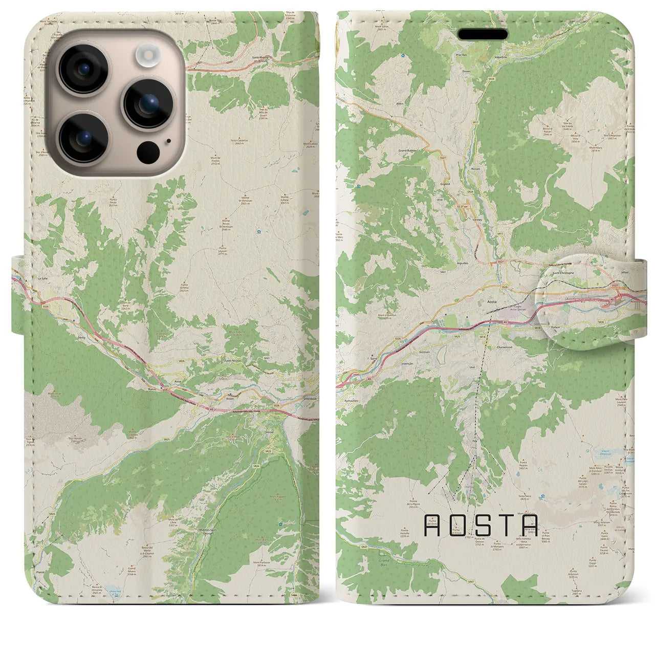【アオスタ(イタリア)】地図柄iPhoneケース(手帳タイプ)ナチュラル・iPhone 16 Plus 用