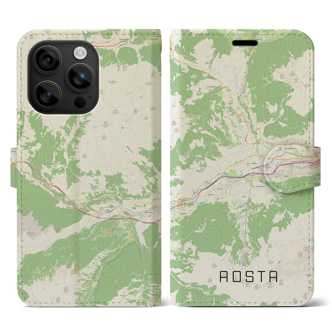 【アオスタ(イタリア)】地図柄iPhoneケース(手帳タイプ)ナチュラル・iPhone 16 用