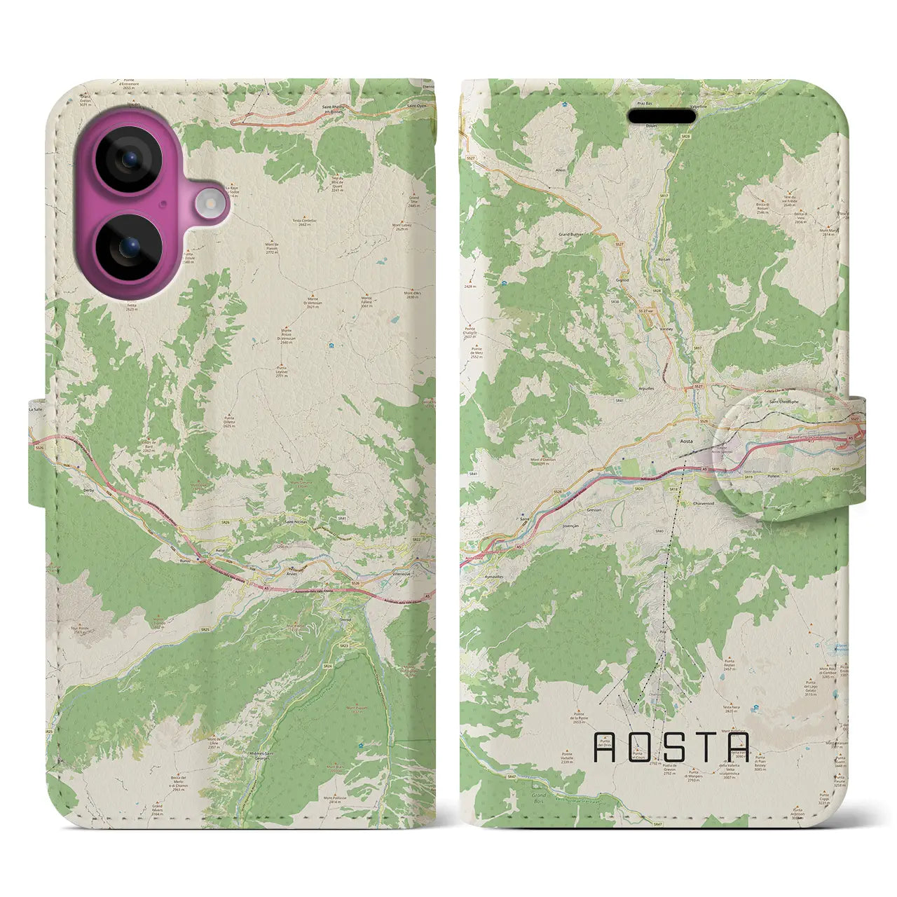 【アオスタ(イタリア)】地図柄iPhoneケース(手帳タイプ)ナチュラル・iPhone 16 Pro 用