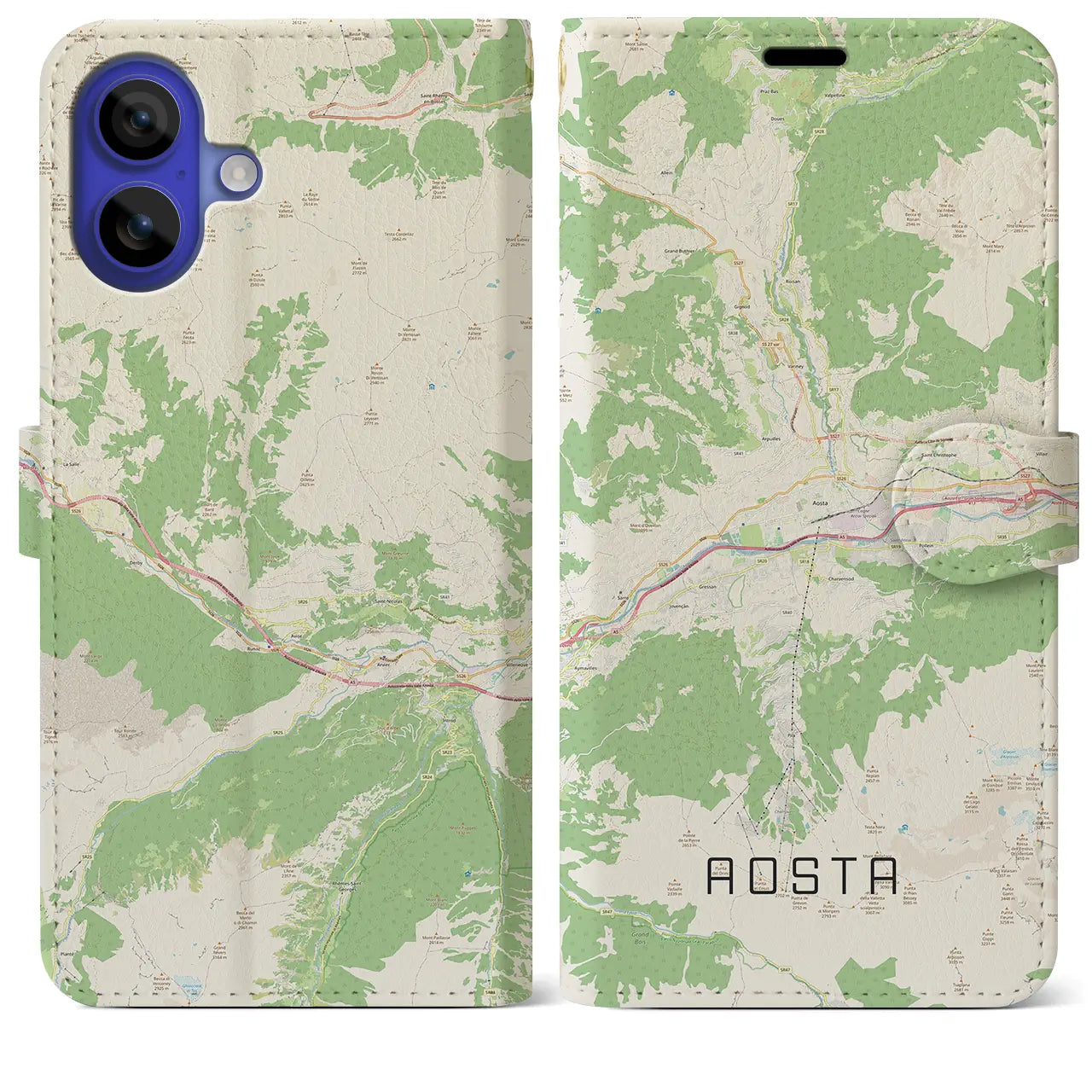 【アオスタ(イタリア)】地図柄iPhoneケース(手帳タイプ)ナチュラル・iPhone 16 Pro Max 用