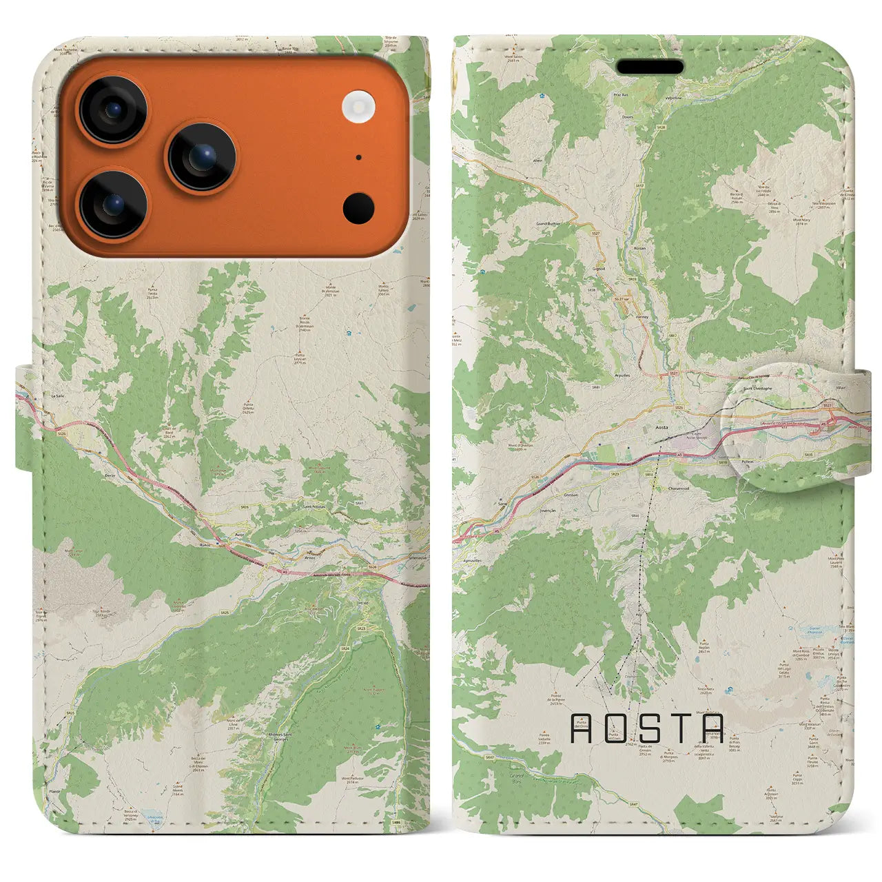 【アオスタ(イタリア)】地図柄iPhoneケース(手帳タイプ)ナチュラル・iPhone 17 Pro Max 用