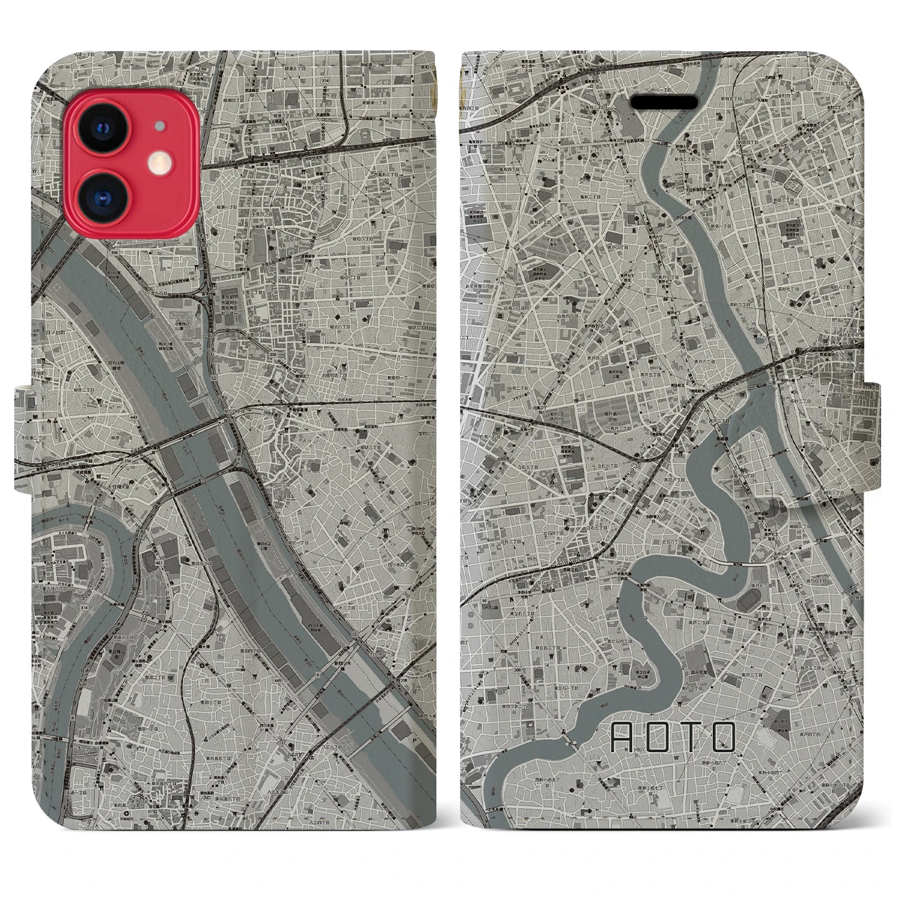 【青砥(東京都)】地図柄iPhoneケース(手帳タイプ)モノトーン・iPhone 11 用