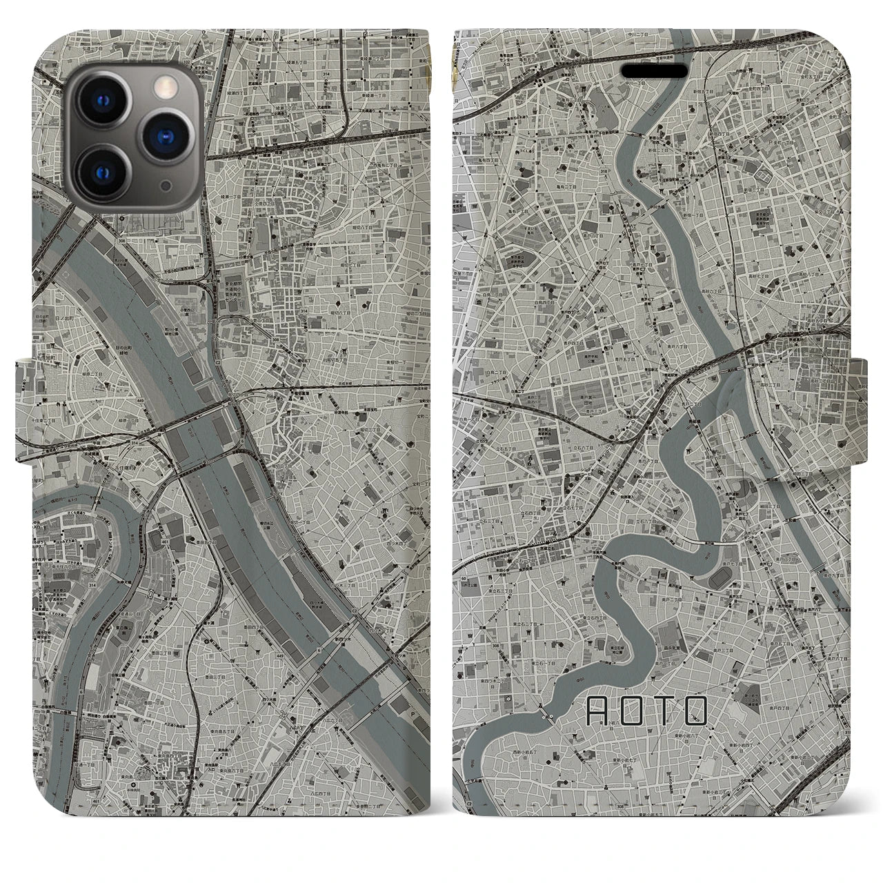 【青砥(東京都)】地図柄iPhoneケース(手帳タイプ)モノトーン・iPhone 11 Pro Max 用