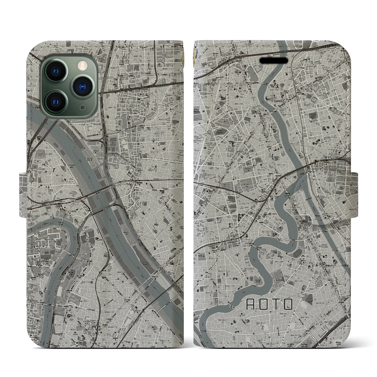 【青砥(東京都)】地図柄iPhoneケース(手帳タイプ)モノトーン・iPhone 11 Pro 用