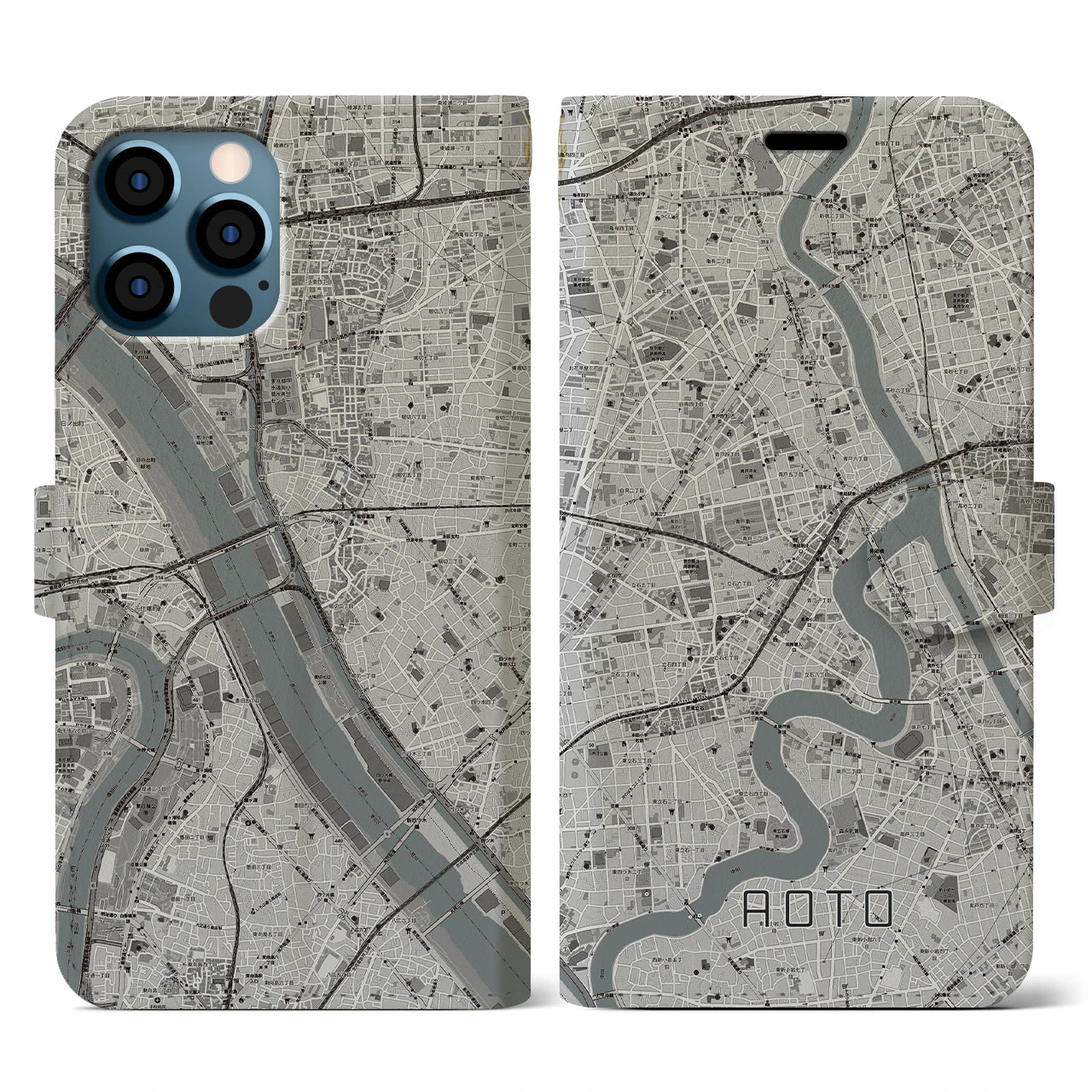 【青砥(東京都)】地図柄iPhoneケース(手帳タイプ)モノトーン・iPhone 12 / 12 Pro 用