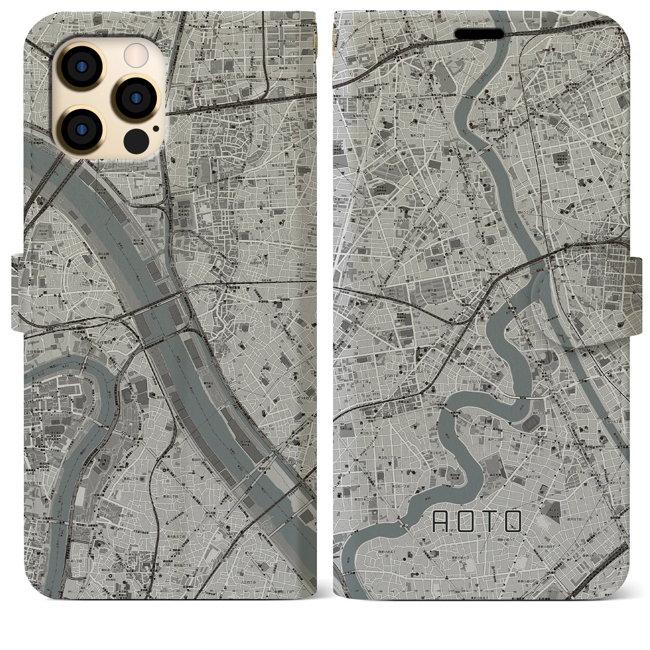 【青砥(東京都)】地図柄iPhoneケース(手帳タイプ)モノトーン・iPhone 12 Pro Max 用