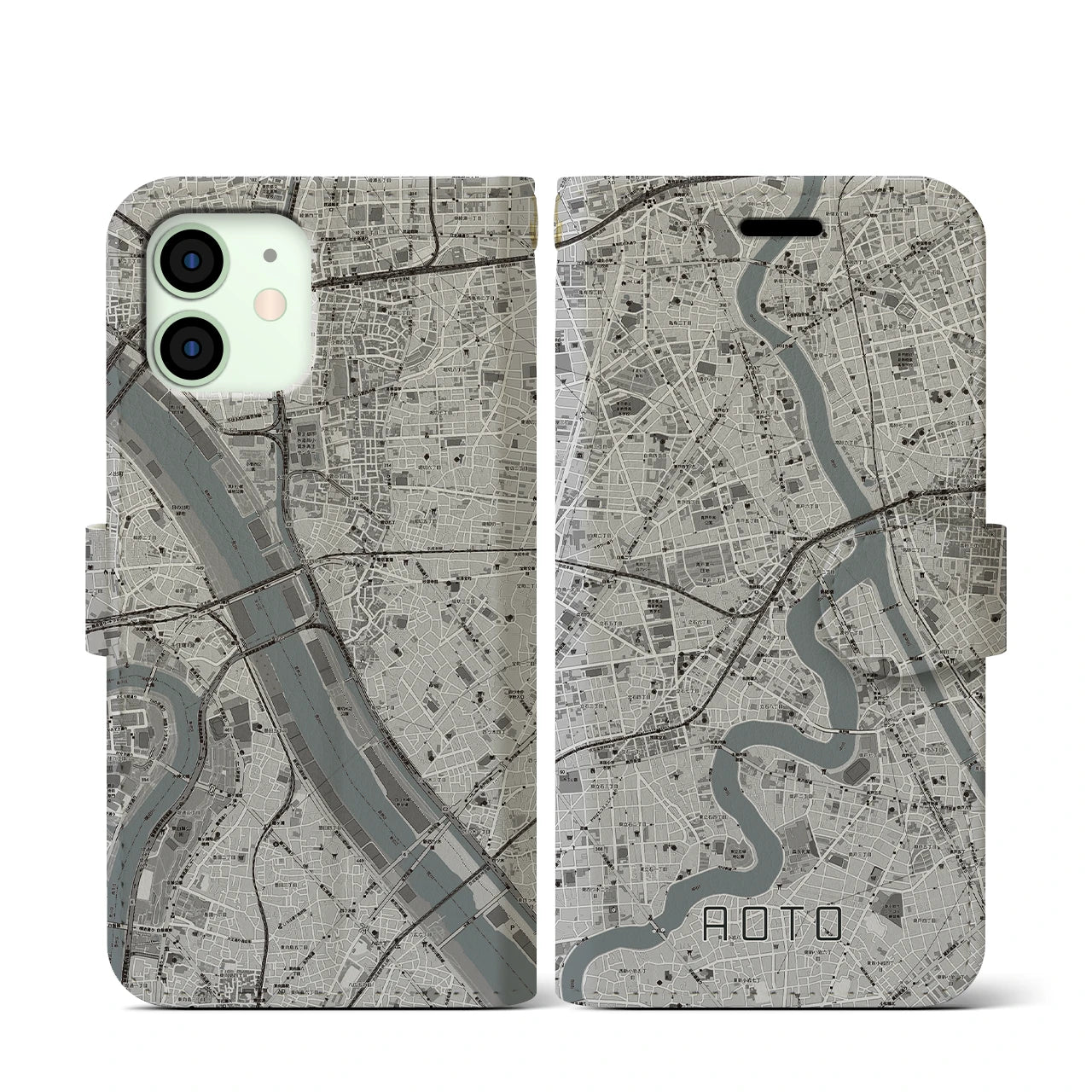 【青砥(東京都)】地図柄iPhoneケース(手帳タイプ)モノトーン・iPhone 12 mini 用