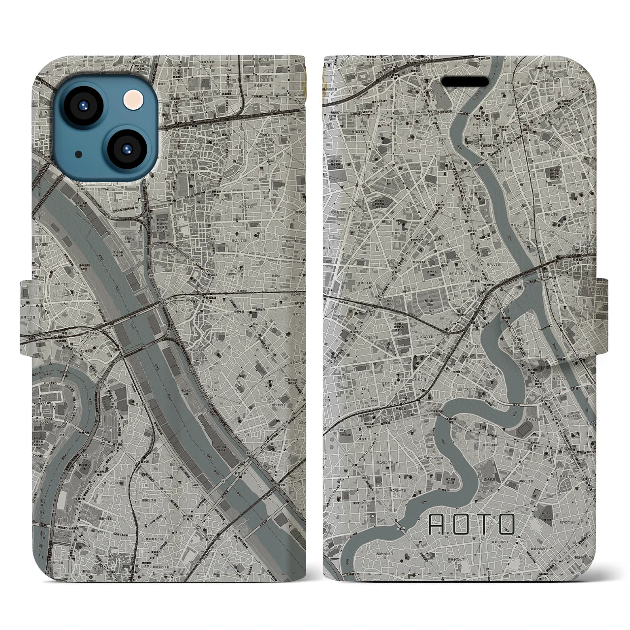 【青砥(東京都)】地図柄iPhoneケース(手帳タイプ)モノトーン・iPhone 13 用