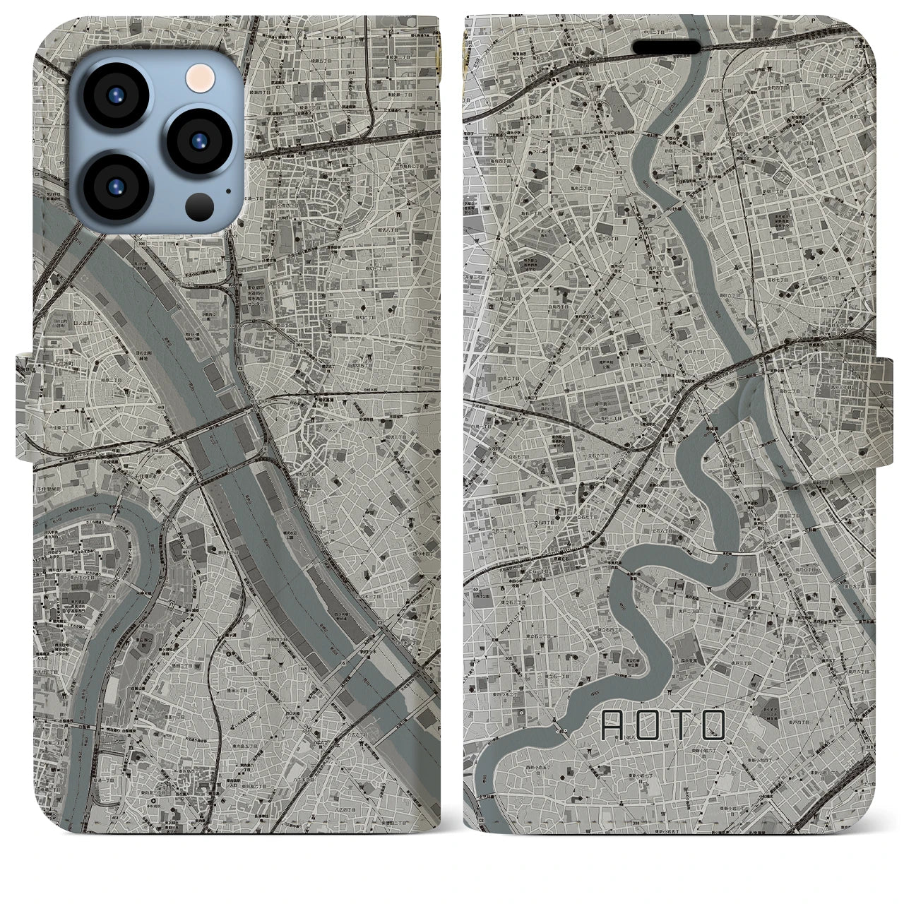 【青砥(東京都)】地図柄iPhoneケース(手帳タイプ)モノトーン・iPhone 13 Pro Max 用