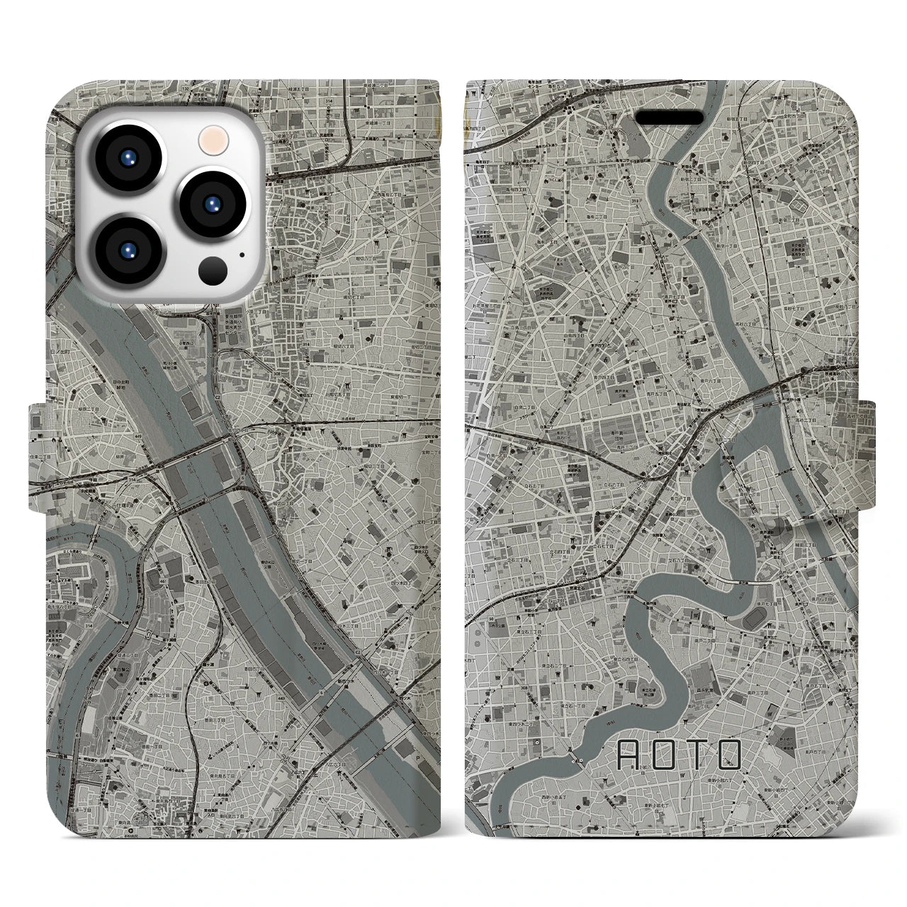 【青砥(東京都)】地図柄iPhoneケース(手帳タイプ)モノトーン・iPhone 13 Pro 用