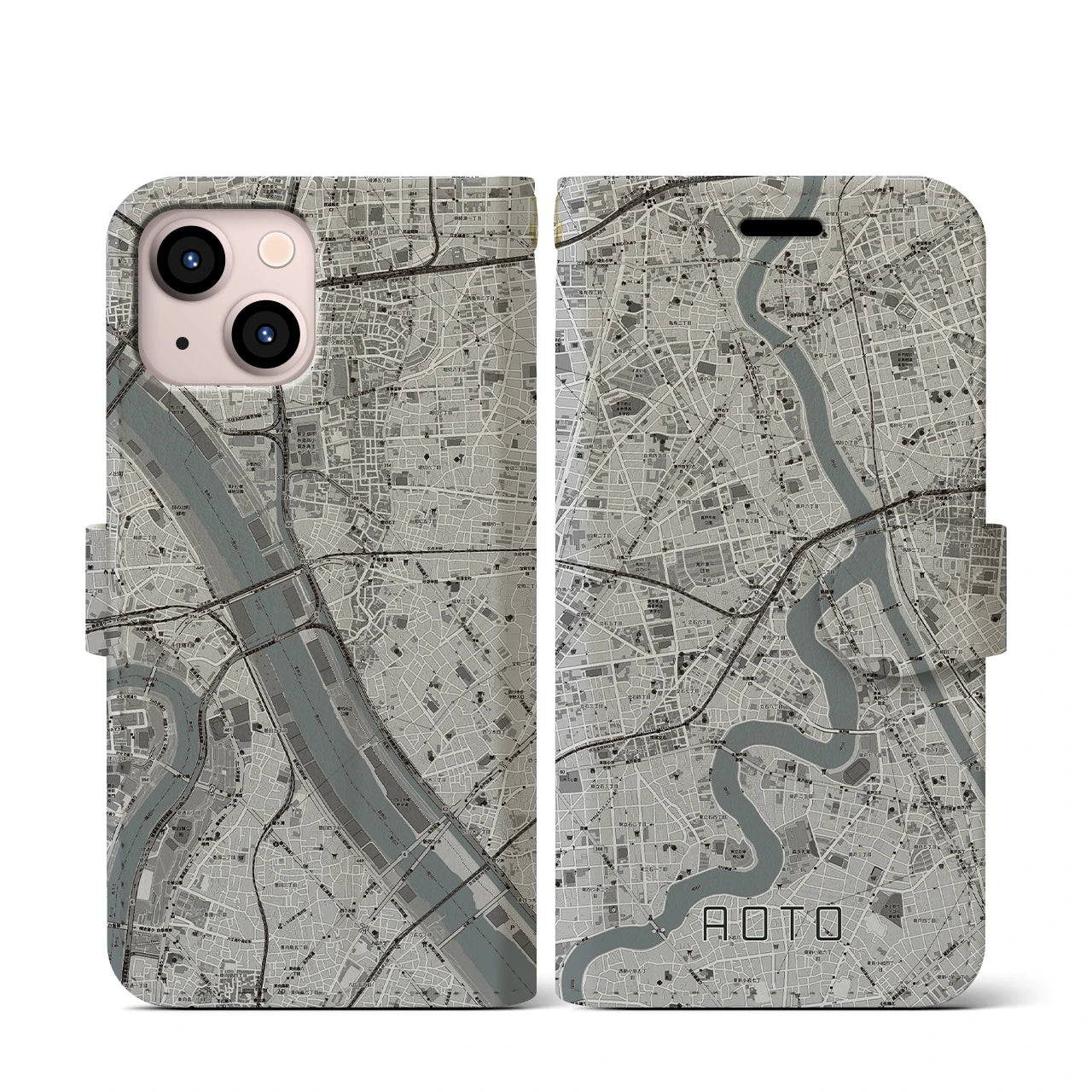 【青砥(東京都)】地図柄iPhoneケース(手帳タイプ)モノトーン・iPhone 13 mini 用