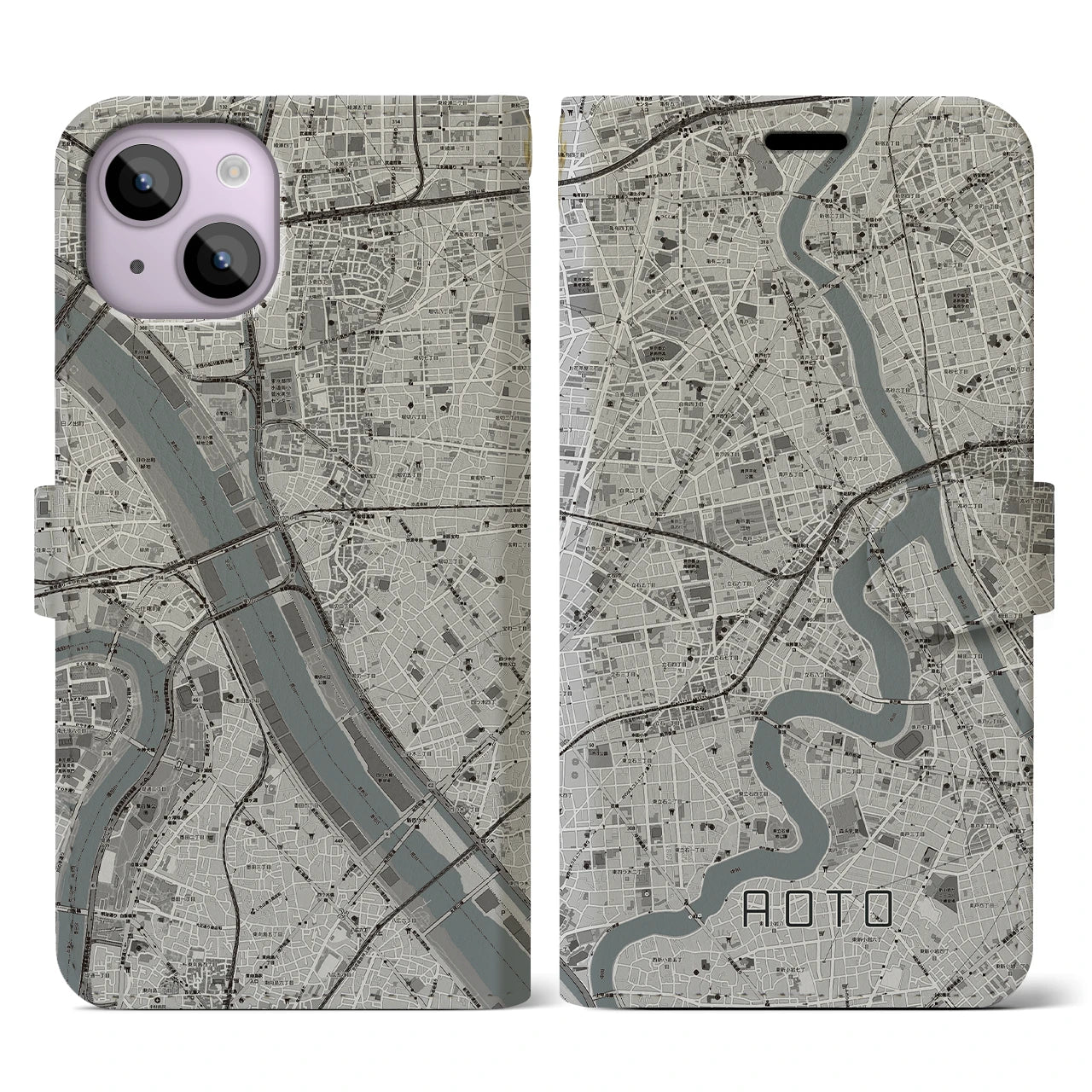 【青砥(東京都)】地図柄iPhoneケース(手帳タイプ)モノトーン・iPhone 14 用