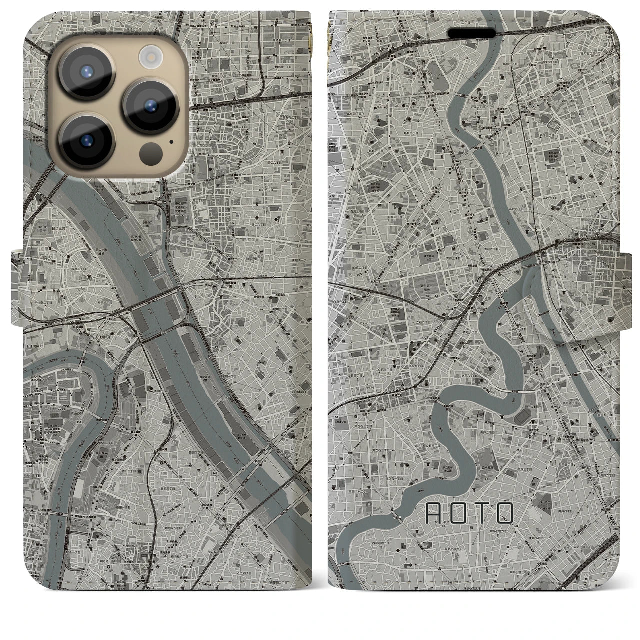 【青砥(東京都)】地図柄iPhoneケース(手帳タイプ)モノトーン・iPhone 14 Pro Max 用
