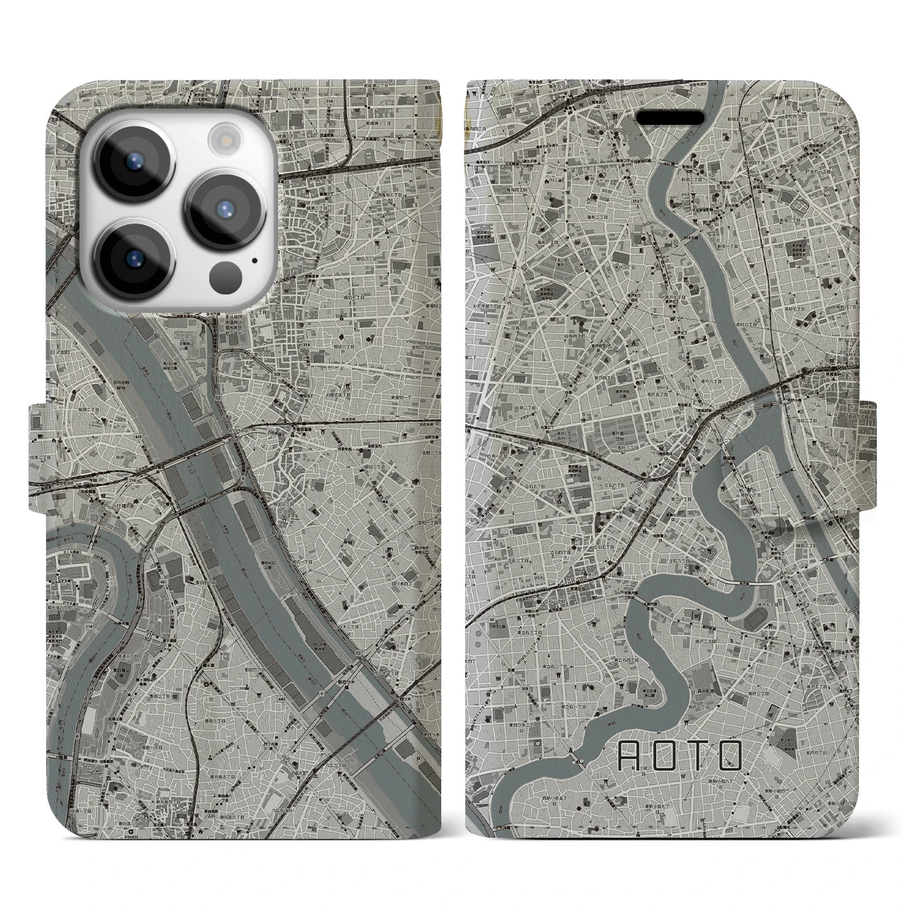 【青砥(東京都)】地図柄iPhoneケース(手帳タイプ)モノトーン・iPhone 14 Pro 用