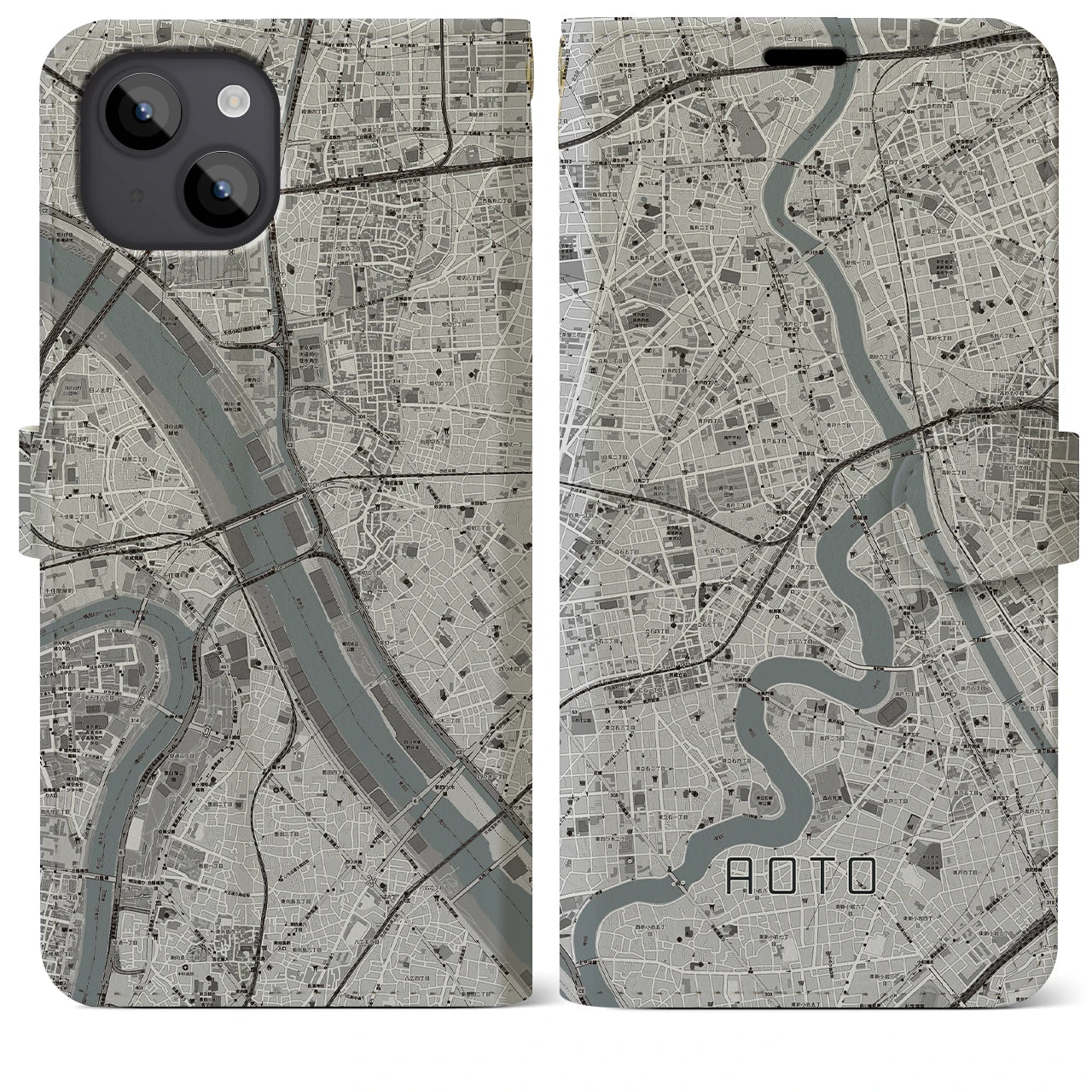 【青砥(東京都)】地図柄iPhoneケース(手帳タイプ)モノトーン・iPhone 14 Plus 用