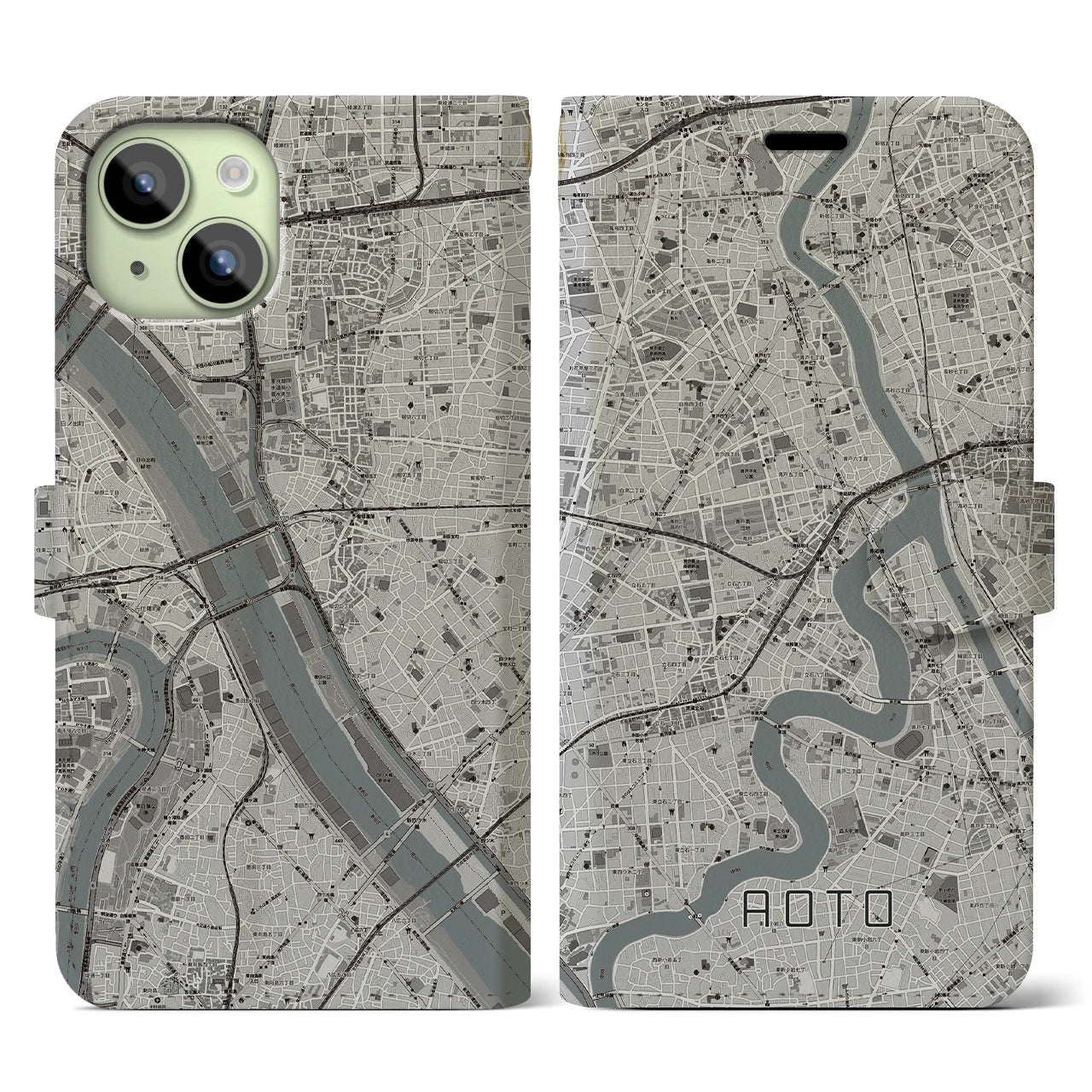 【青砥(東京都)】地図柄iPhoneケース(手帳タイプ)モノトーン・iPhone 15 用