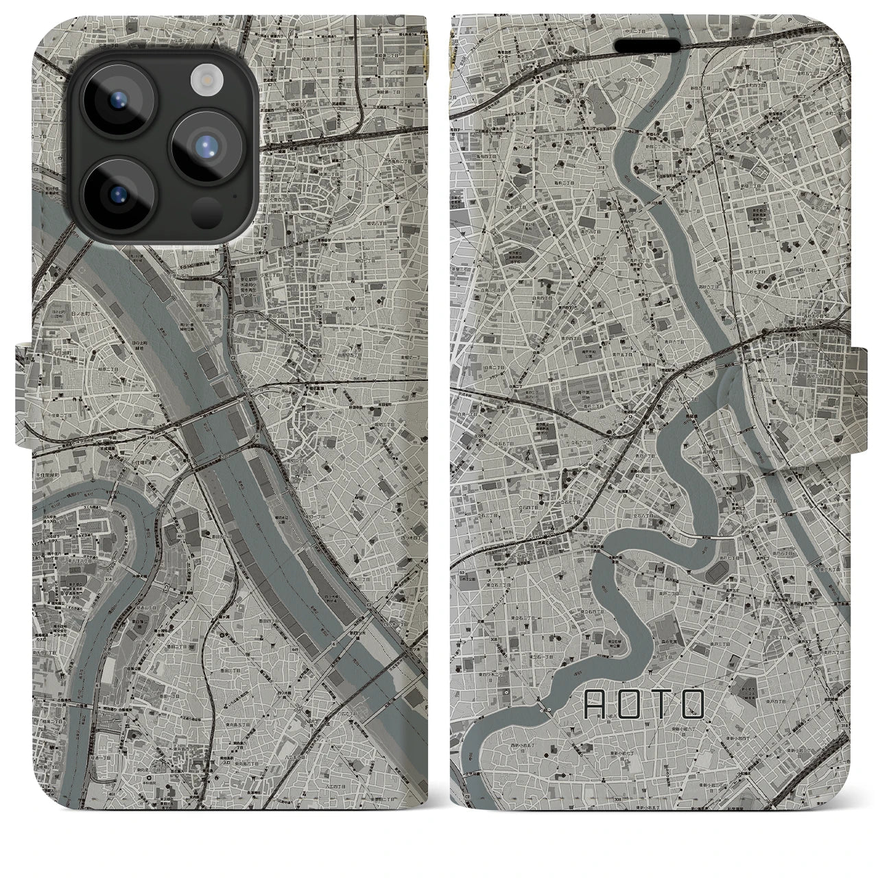 【青砥(東京都)】地図柄iPhoneケース(手帳タイプ)モノトーン・iPhone 15 Pro Max 用
