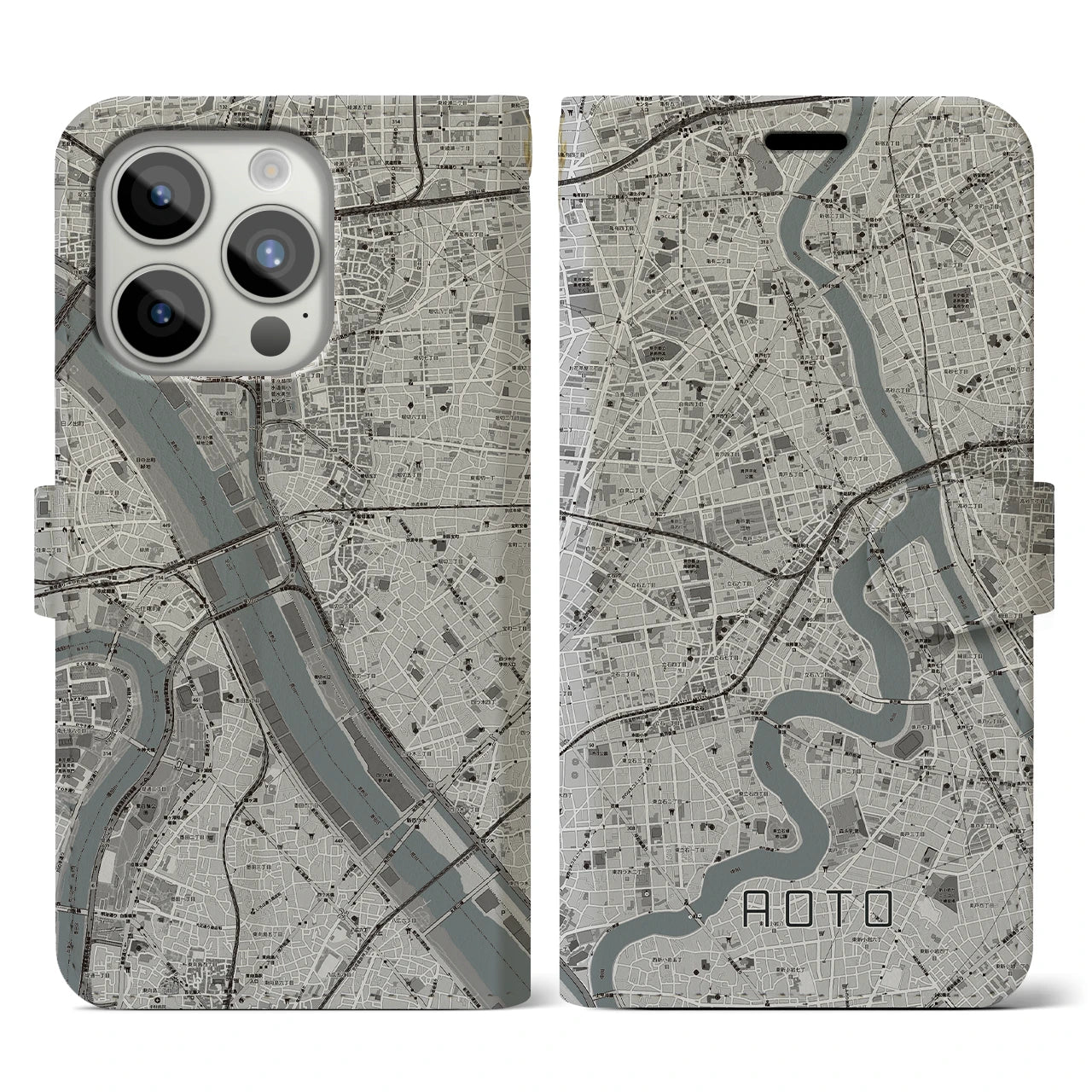 【青砥(東京都)】地図柄iPhoneケース(手帳タイプ)モノトーン・iPhone 15 Pro 用