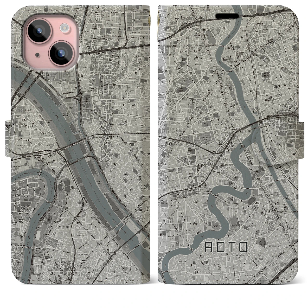 【青砥(東京都)】地図柄iPhoneケース(手帳タイプ)モノトーン・iPhone 15 Plus 用