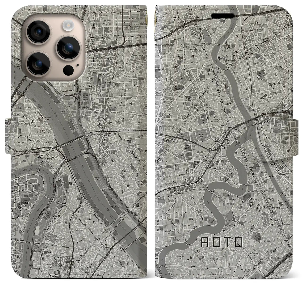 【青砥(東京都)】地図柄iPhoneケース(手帳タイプ)モノトーン・iPhone 16 Plus 用