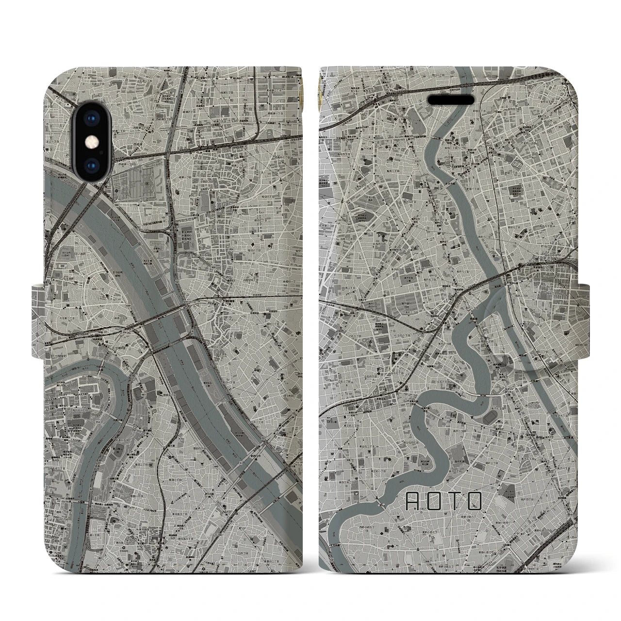 【青砥(東京都)】地図柄iPhoneケース(手帳タイプ)モノトーン・iPhone XS / X 用