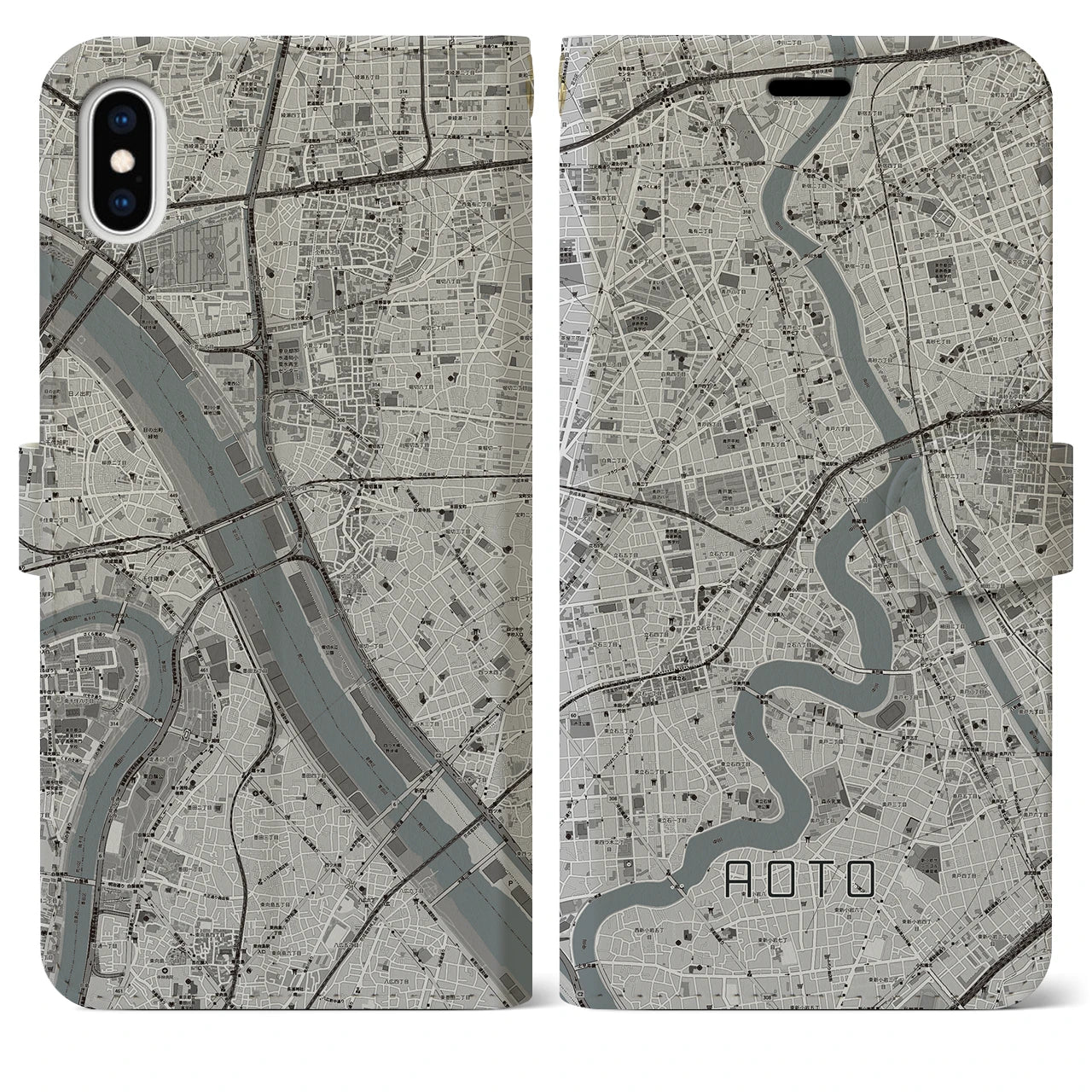 【青砥(東京都)】地図柄iPhoneケース(手帳タイプ)モノトーン・iPhone XS Max 用