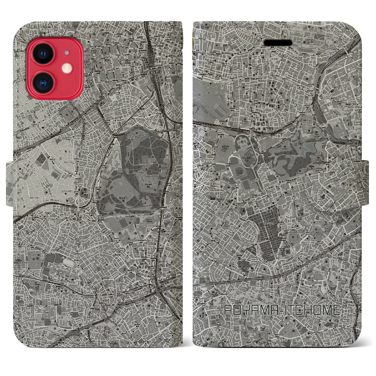 【青山一丁目(東京都)】地図柄iPhoneケース(手帳タイプ)モノトーン・iPhone 11 用