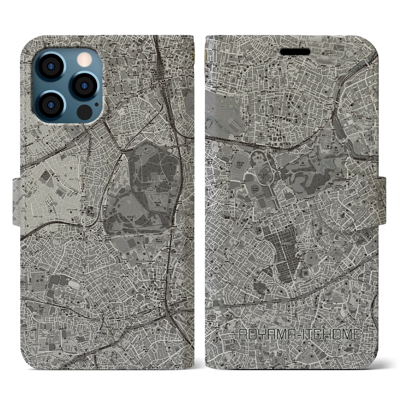 【青山一丁目(東京都)】地図柄iPhoneケース(手帳タイプ)モノトーン・iPhone 12 / 12 Pro 用