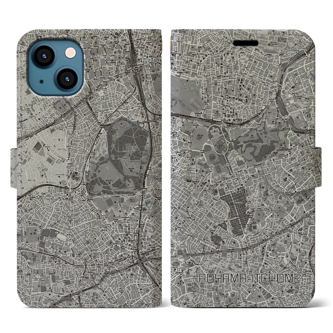 【青山一丁目(東京都)】地図柄iPhoneケース(手帳タイプ)モノトーン・iPhone 13 用