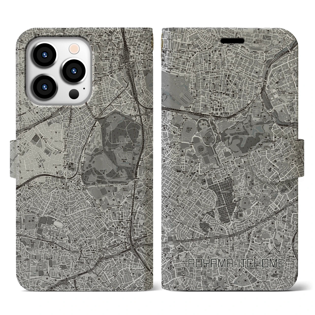 【青山一丁目(東京都)】地図柄iPhoneケース(手帳タイプ)モノトーン・iPhone 13 Pro 用