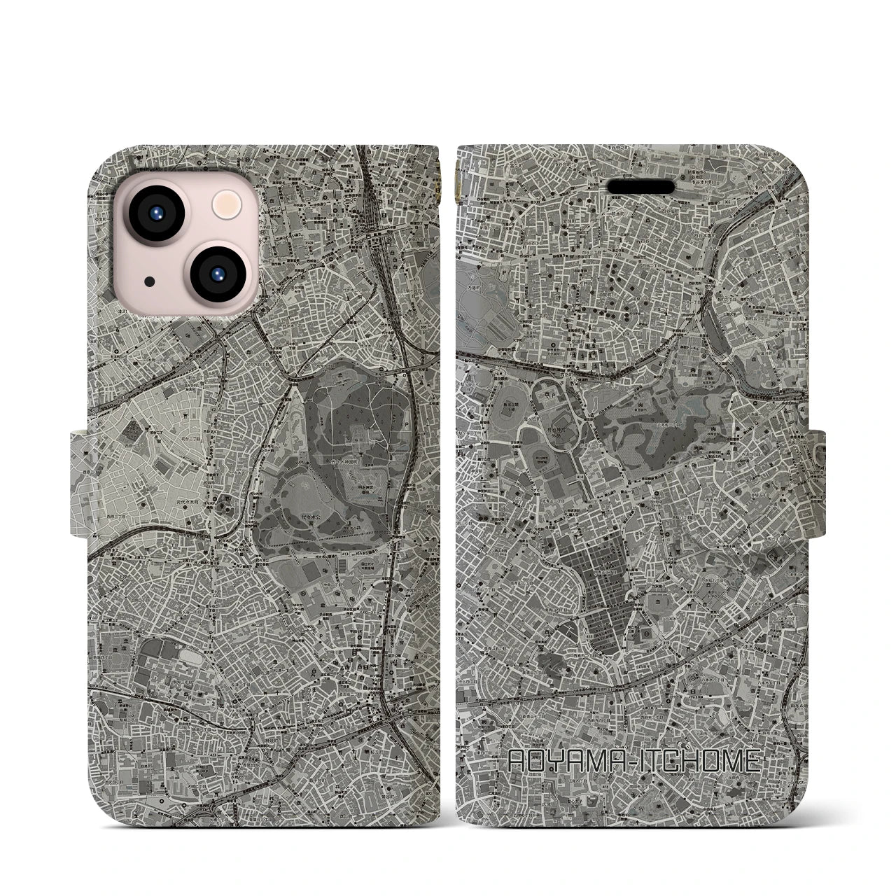 【青山一丁目(東京都)】地図柄iPhoneケース(手帳タイプ)モノトーン・iPhone 13 mini 用