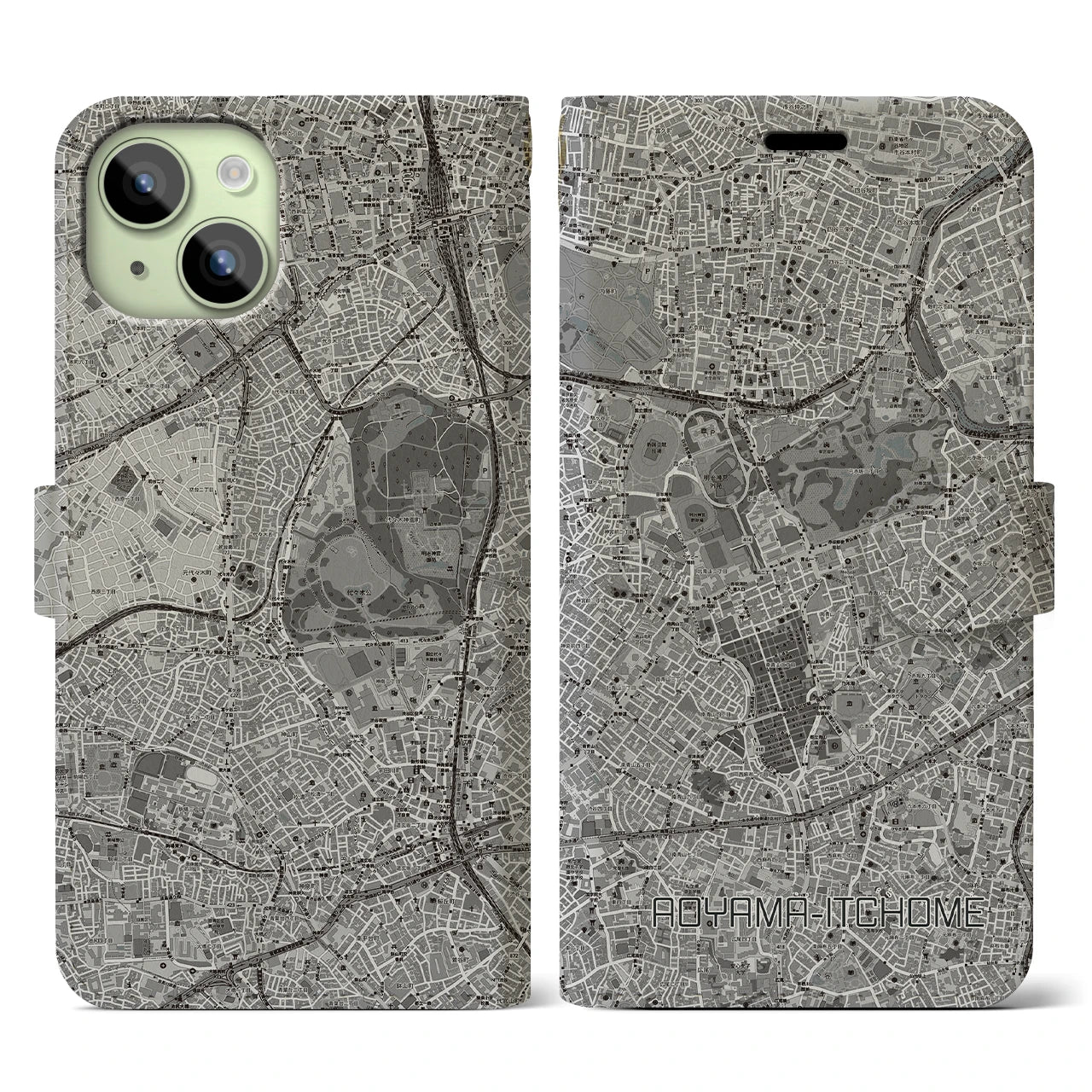 【青山一丁目(東京都)】地図柄iPhoneケース(手帳タイプ)モノトーン・iPhone 15 用