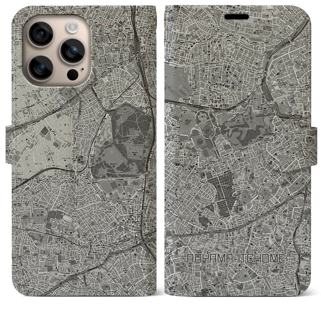 【青山一丁目(東京都)】地図柄iPhoneケース(手帳タイプ)モノトーン・iPhone 16 Plus 用