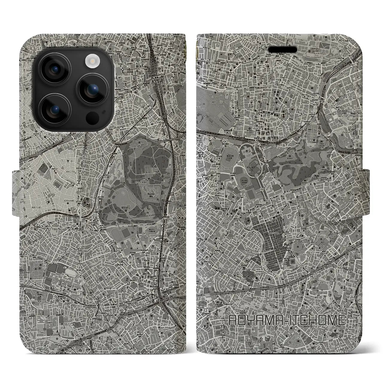 【青山一丁目(東京都)】地図柄iPhoneケース(手帳タイプ)モノトーン・iPhone 16 用