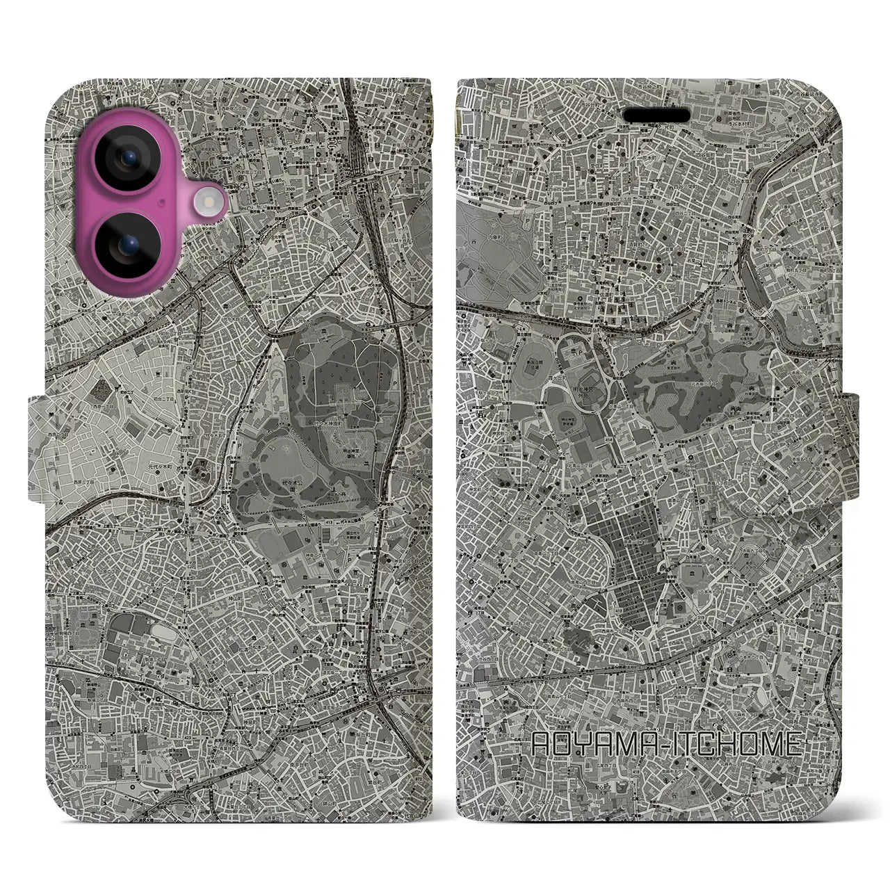 【青山一丁目(東京都)】地図柄iPhoneケース(手帳タイプ)モノトーン・iPhone 16 Pro 用