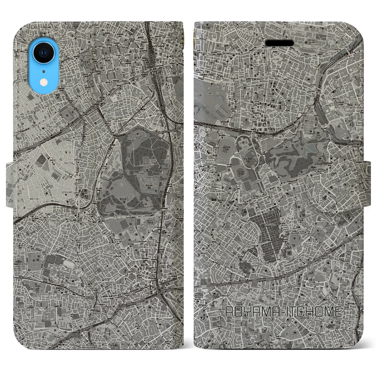 【青山一丁目(東京都)】地図柄iPhoneケース(手帳タイプ)モノトーン・iPhone XR 用
