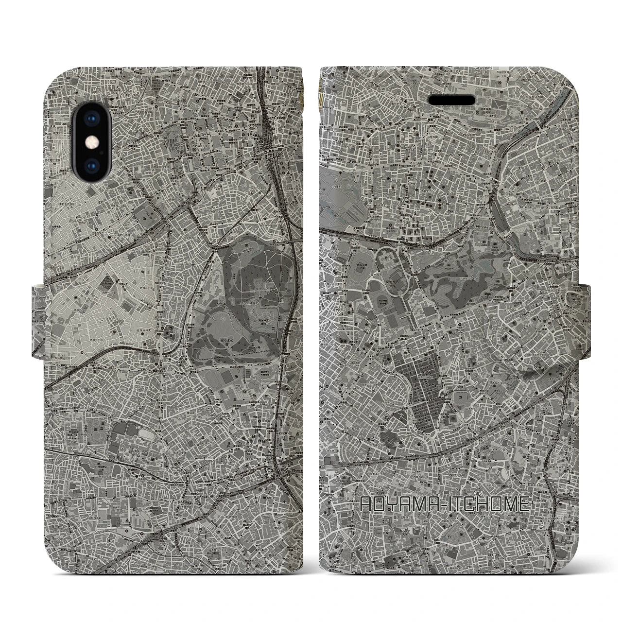 【青山一丁目(東京都)】地図柄iPhoneケース(手帳タイプ)モノトーン・iPhone XS / X 用