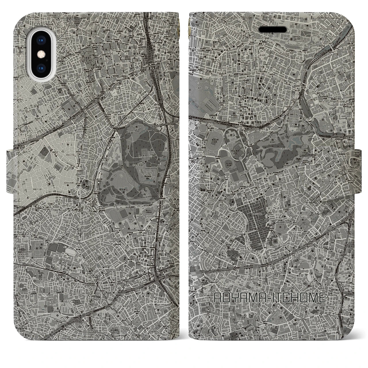 【青山一丁目(東京都)】地図柄iPhoneケース(手帳タイプ)モノトーン・iPhone XS Max 用