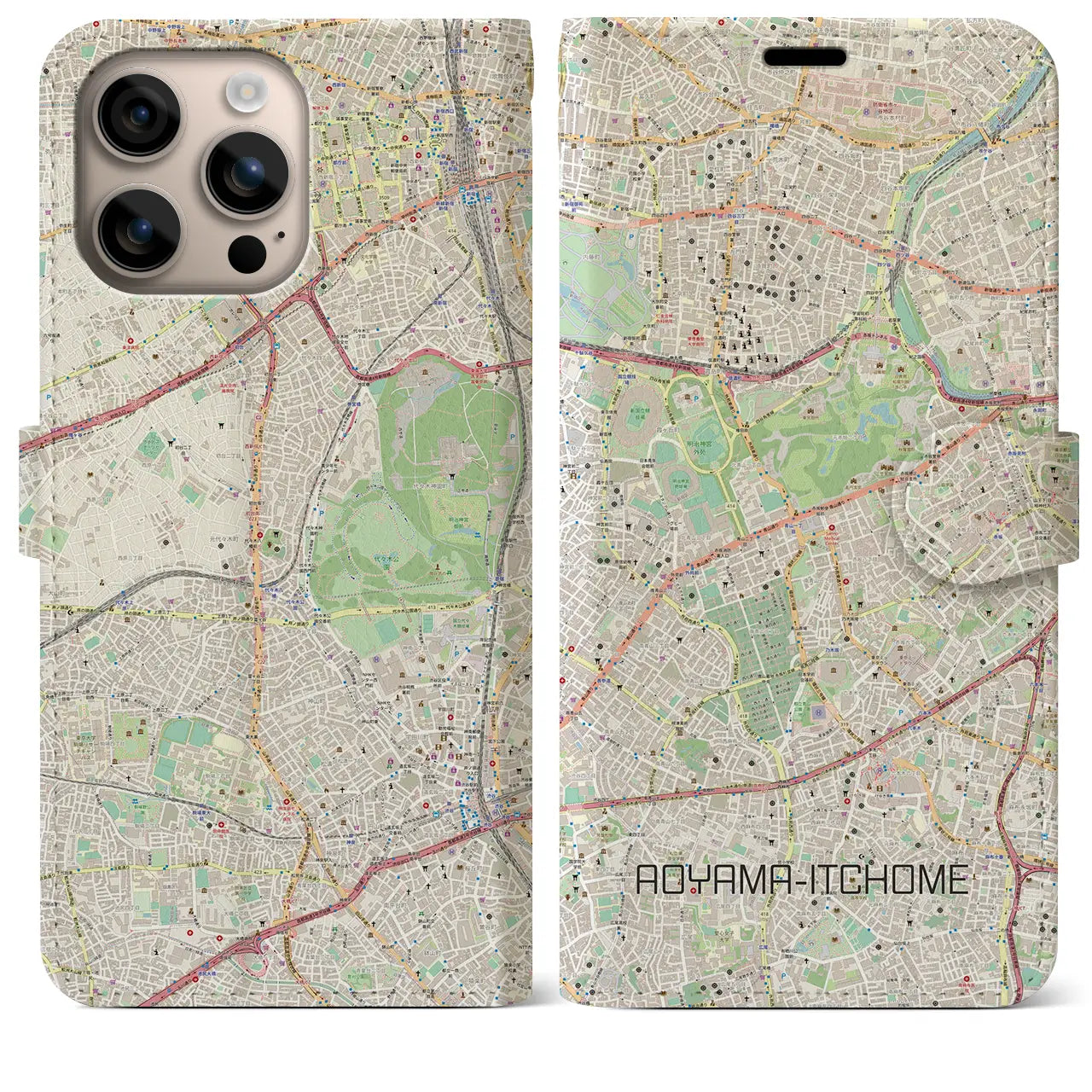 【青山一丁目(東京都)】地図柄iPhoneケース(手帳タイプ)ナチュラル・iPhone 16 Plus 用