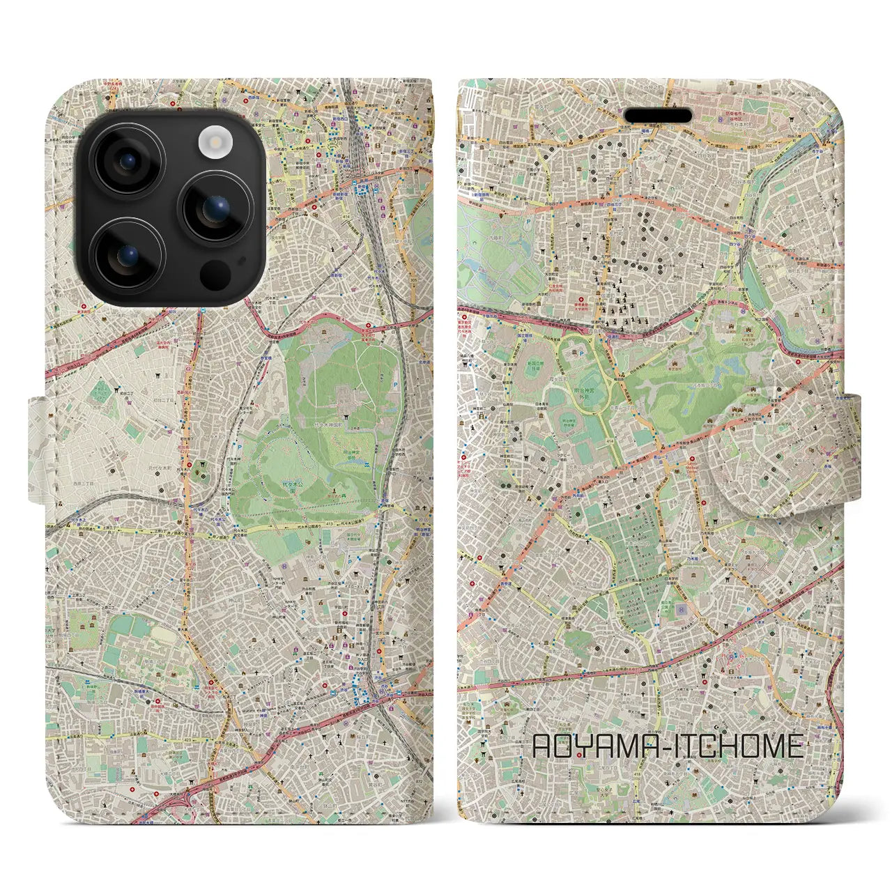 【青山一丁目(東京都)】地図柄iPhoneケース(手帳タイプ)ナチュラル・iPhone 16 用