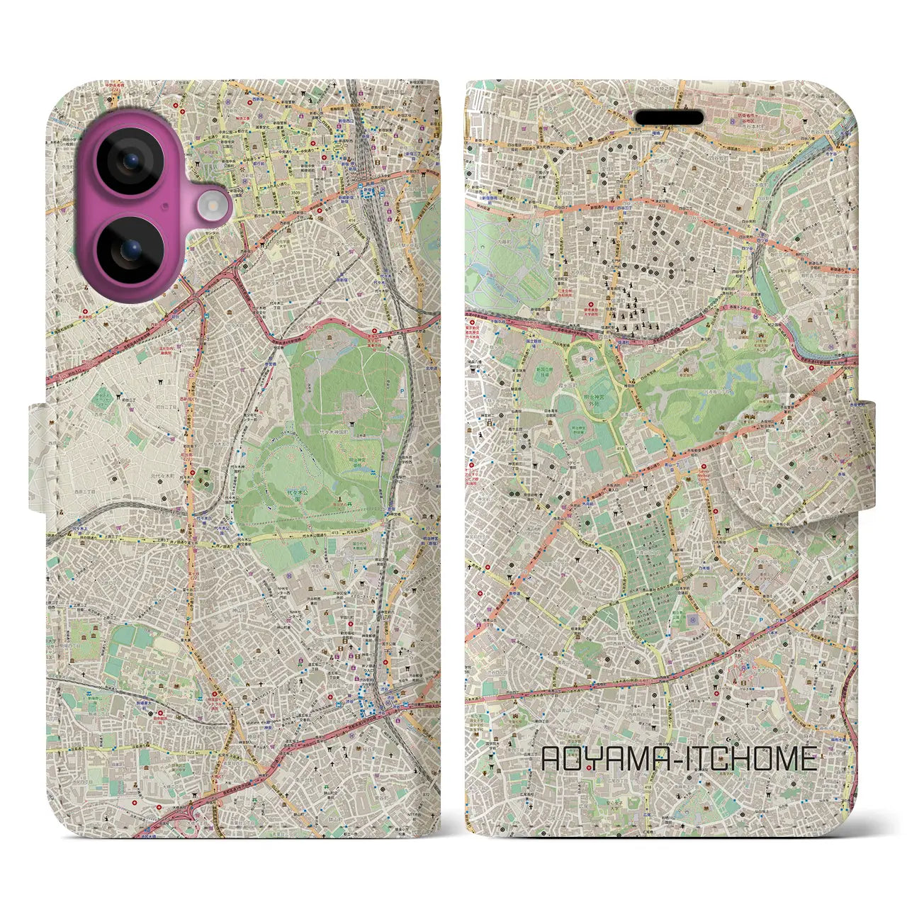 【青山一丁目(東京都)】地図柄iPhoneケース(手帳タイプ)ナチュラル・iPhone 16 Pro 用
