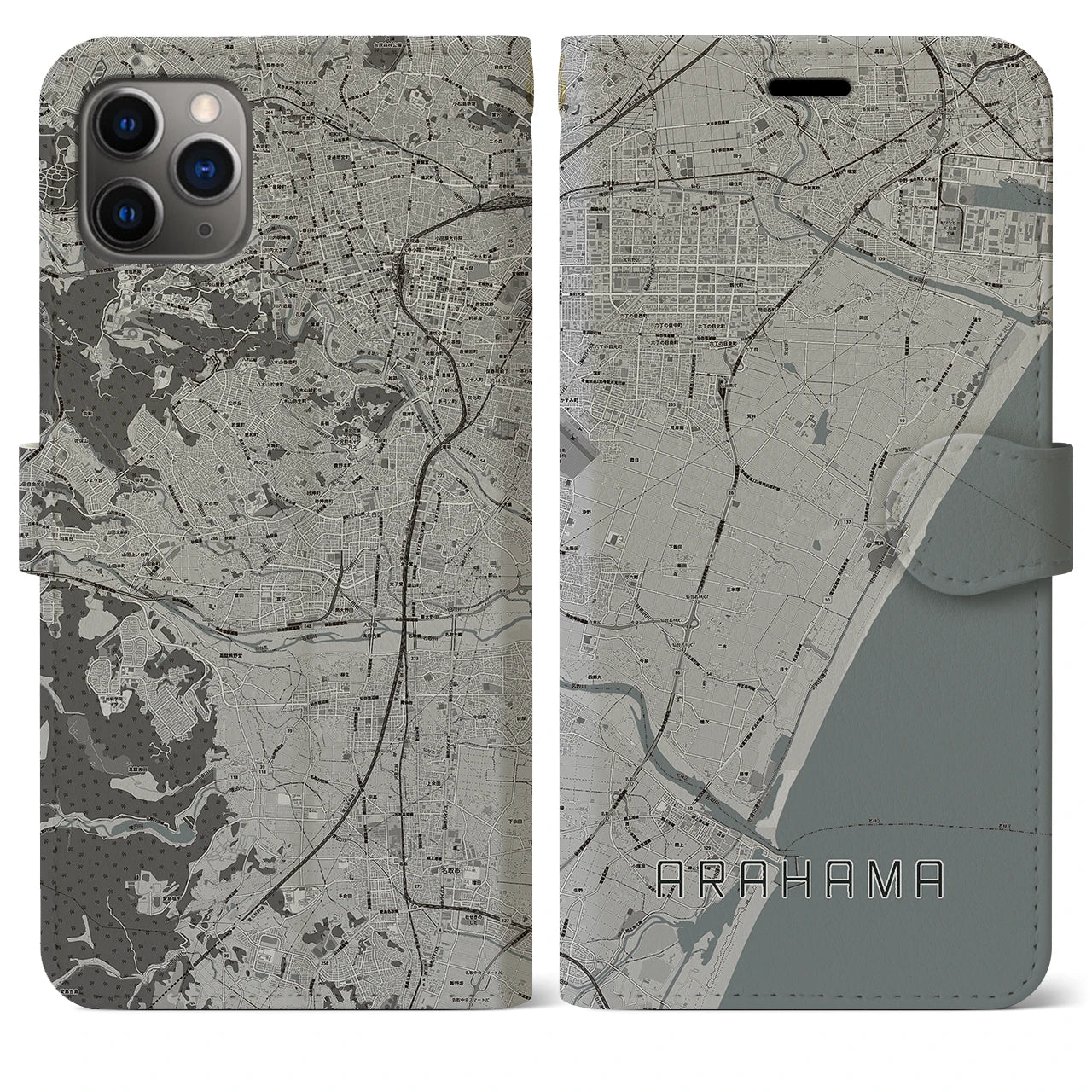 【荒浜(宮城県)】地図柄iPhoneケース(手帳タイプ)モノトーン・iPhone 11 Pro Max 用