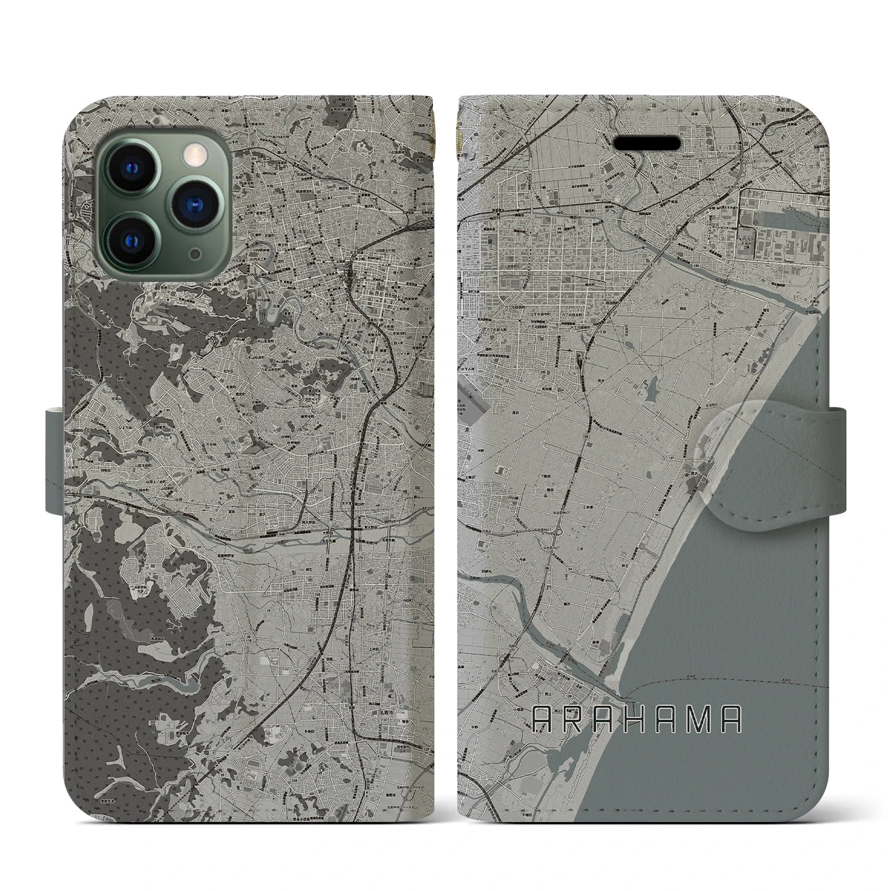 【荒浜(宮城県)】地図柄iPhoneケース(手帳タイプ)モノトーン・iPhone 11 Pro 用