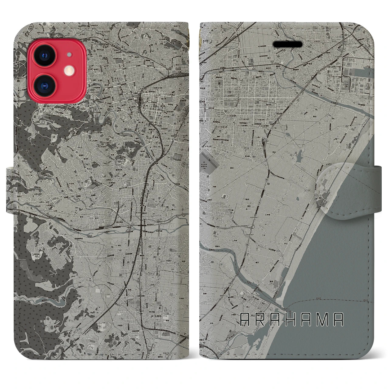 【荒浜(宮城県)】地図柄iPhoneケース(手帳タイプ)モノトーン・iPhone 11 用