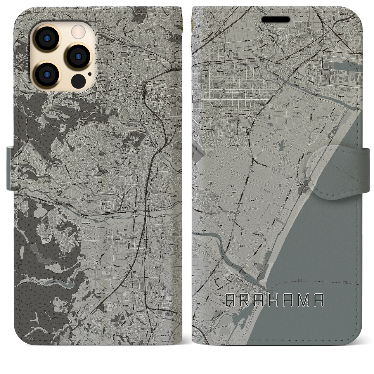 【荒浜(宮城県)】地図柄iPhoneケース(手帳タイプ)モノトーン・iPhone 12 Pro Max 用